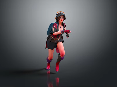 Dynamic Female Character In Action Wearing Headphones Goggles Dark Outfit Backpack Red Gloves Purple Boots 3d model