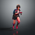 Dynamic Female Character In Action Wearing Headphones Goggles Dark Outfit Backpack Red Gloves Purple Boots