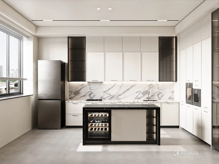 Modern Kitchen Interior With White Cabinets Marble Countertop Island And Refrigerator 3d model 