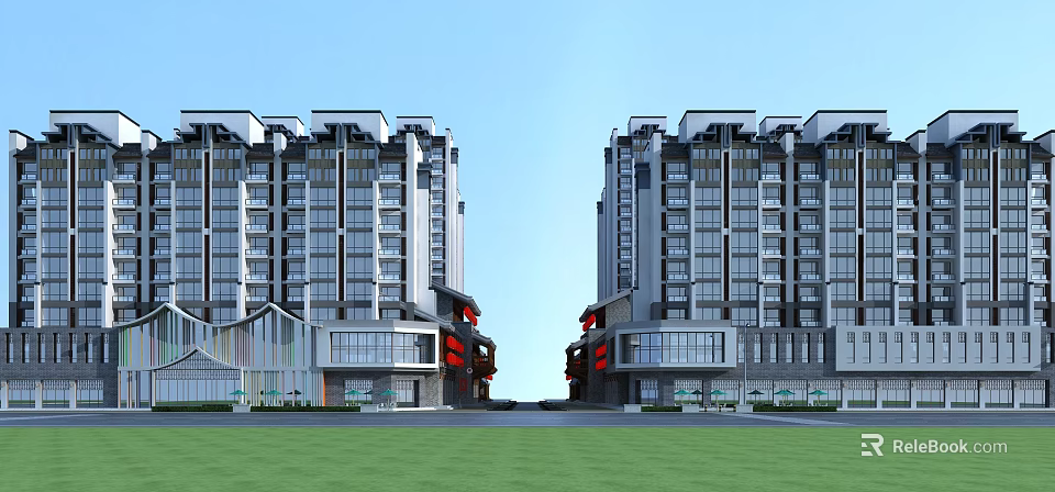 Modern High Rise Residential Buildings With Symmetrical Design Glass Walls Red Accents And Green Lawn 3d model 