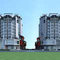 Modern High Rise Residential Buildings With Symmetrical Design Glass Walls Red Accents And Green Lawn