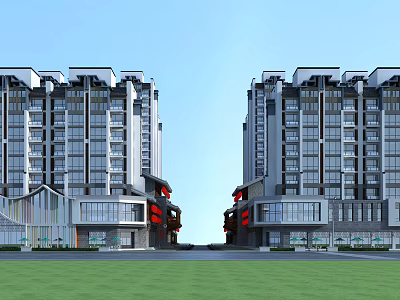 Modern High Rise Residential Buildings With Symmetrical Design Glass Walls Red Accents And Green Lawn 3d model