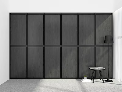Modern Wardrobe Interior With Black Panels White Wall Gray Floor Small Stool And Floor Lamp 3d model