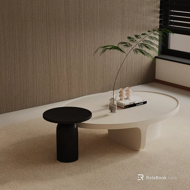 White Round Coffee Table Black Stool Vase Books and Green Plant in Modern Living Room 3d model 