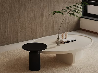 White Round Coffee Table Black Stool Vase Books and Green Plant in Modern Living Room 3d model