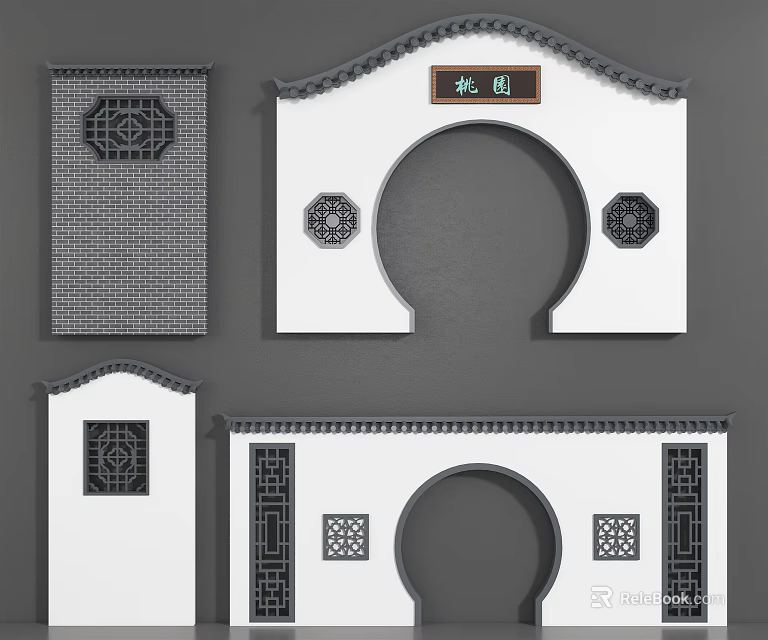 Traditional Chinese Garden Arch with Circular Shape Carved Lattice Windows and Plaque 3d model 