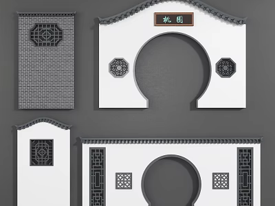 Traditional Chinese Garden Arch with Circular Shape Carved Lattice Windows and Plaque 3d model