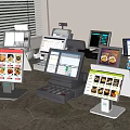 Various Modern POS Cash Registers With Digital Screens And Product Displays