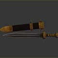 Ornate Decorative Sword With Golden Accents Black Scabbard And Blue Glow