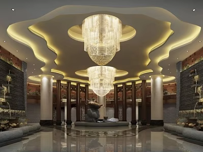 Luxurious Hotel Lobby Interior Featuring Crystal Chandeliers Decorative Columns And Elegant Floor Design 3d model