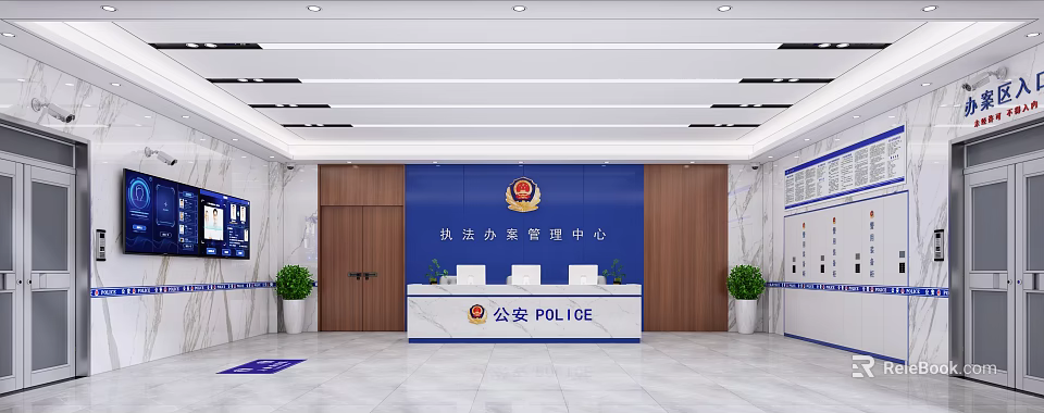 Modern Police Law Enforcement Case Management Center Reception Desk with Blue Backdrop and Wooden Elements 3d model 