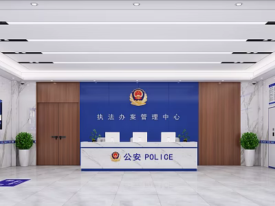 Modern Police Law Enforcement Case Management Center Reception Desk with Blue Backdrop and Wooden Elements 3d model