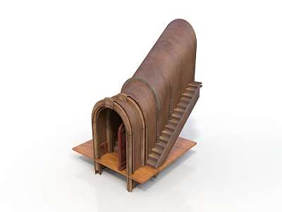 Detailed Brown Cylindrical Structure With Arched Doorway Staircase And Wooden Platform 3d model