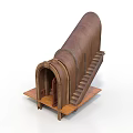 Detailed Brown Cylindrical Structure With Arched Doorway Staircase And Wooden Platform
