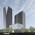 Twin Modern Office Towers With Green Landscaped Areas And Highway Interchange