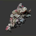 Pile Of Broken Ceramic Fragments With Pink And White Patterns And Small Green Object