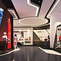 Exhibition Hall Interior Design With White Circular Platform Display Boards And Red Door 3d model