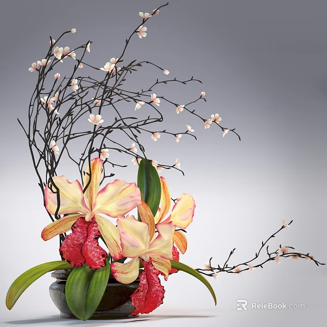 Bonsai Potted Plant Featuring Yellow Pink Orchids Red Flowers Green Leaves And Slender Black Branches 3d model 