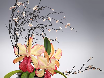 Bonsai Potted Plant Featuring Yellow Pink Orchids Red Flowers Green Leaves And Slender Black Branches 3d model