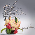 Bonsai Potted Plant Featuring Yellow Pink Orchids Red Flowers Green Leaves And Slender Black Branches
