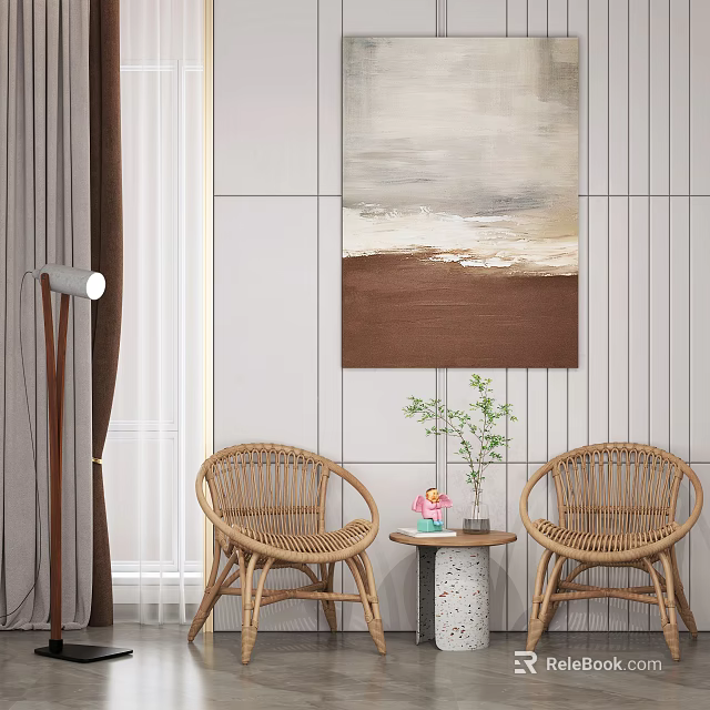Wicker Rattan Table And Chairs Set With Small Round Table Wall Painting And Floor Lamp 3d model 
