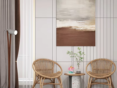 Wicker Rattan Table And Chairs Set With Small Round Table Wall Painting And Floor Lamp 3d model