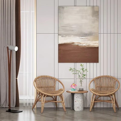 Wicker Rattan Table And Chairs Set With Small Round Table Wall Painting And Floor Lamp 3d model