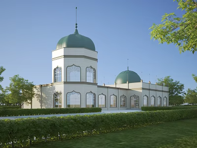 European Architecture Featuring Green Domes White Walls Large Windows Trees And Lawn Under Blue Sky 3d model