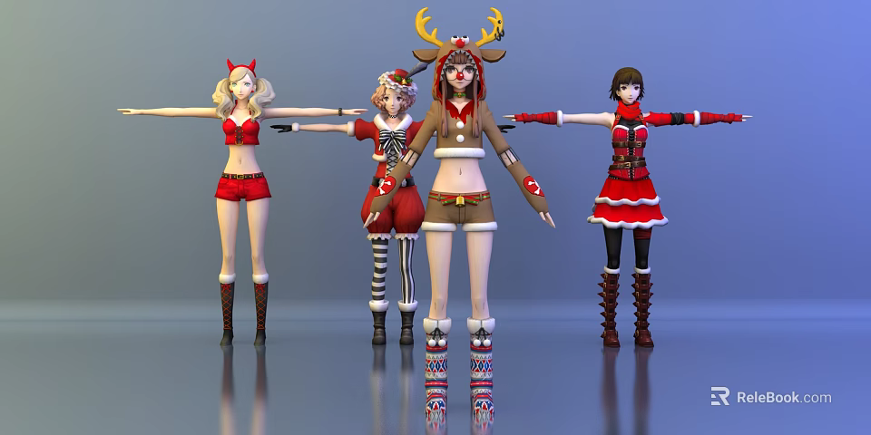 Game and Movie Female Characters Standing in Red Brown Festive Christmas Outfits with Reindeer Antlers 3d model 