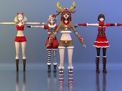 Game and Movie Female Characters Standing in Red Brown Festive Christmas Outfits with Reindeer Antlers 3d model