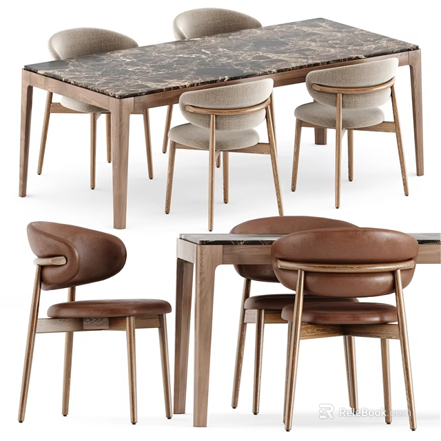 Modern Dining Table And Chairs With Marble Top And Leather Upholstered Seats 3d model 