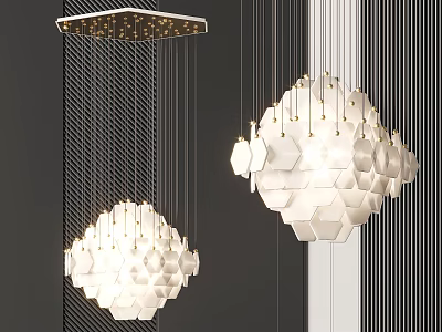 Modern Geometric Chandelier with White Hexagonal Pieces and Metal Frame Hanging in Interior Space 3d model