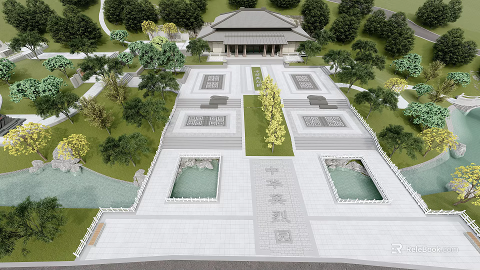 Traditional Chinese Filial Piety Garden Courtyard With Stone Paths Ponds And Greenery 3d model 