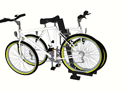 Two White Bicycles With Yellow Rimmed Wheels Parked On Black Bike Stand 3d model