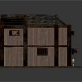 Cartoon Scene of Wooden House Interior with Two Story Loft Fireplace and Cozy Furniture Decor