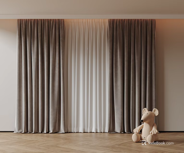 Gray Heavy Curtains With White Sheer Panel In Modern Wooden Floor Room 3d model 