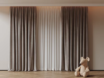 Gray Heavy Curtains With White Sheer Panel In Modern Wooden Floor Room 3d model