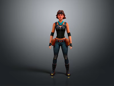 Female Adventurer Character 3D Model With Black Vest Blue Pants And Wrist Guards Standing Pose 3d model