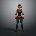 Female Adventurer Character 3D Model With Black Vest Blue Pants And Wrist Guards Standing Pose