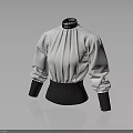 White High Neck Pleated Top With Black Cuffs And Fitted Waist Design
