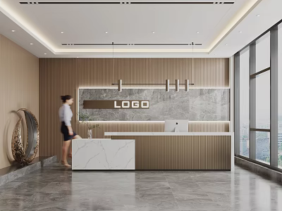 Modern Front Desk Reception With Marble Countertop LOGO Wall Wooden Panel Walls And Large Windows 3d model