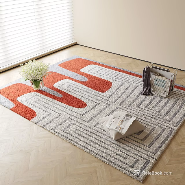Square Rug Featuring Red Grey White Geometric Pattern With Fresh Flowers Magazines And Throw Blanket 3d model 
