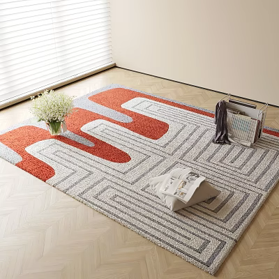 Square Rug Featuring Red Grey White Geometric Pattern With Fresh Flowers Magazines And Throw Blanket 3d model