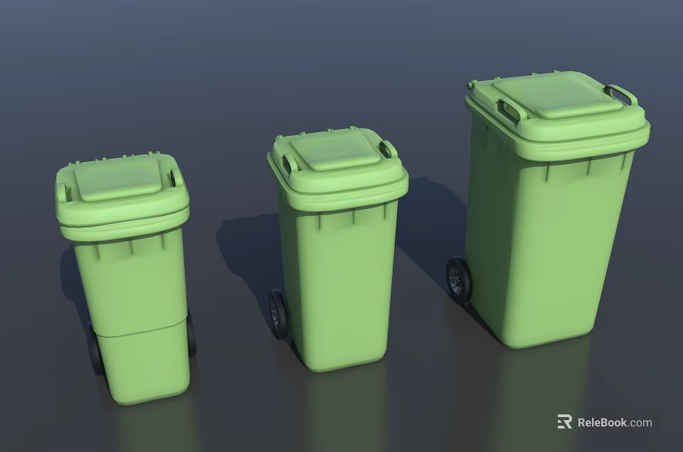Public Facilities Green Trash Bins in Three Sizes with Wheels and Lids 3d model 