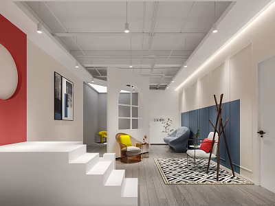 Modern Mall Store Interior With Red Wall White Steps Yellow Chairs Gray Sofa And Artwork 3d model