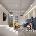 Modern Mall Store Interior With Red Wall White Steps Yellow Chairs Gray Sofa And Artwork