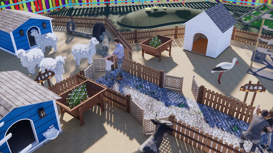 Farm Enclosure With Colorful Fence Sheep Huts Person White Stork And Planter Boxes 3d model 