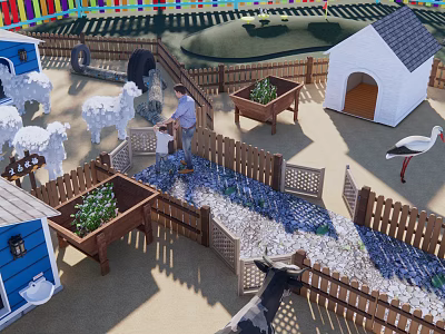 Farm Enclosure With Colorful Fence Sheep Huts Person White Stork And Planter Boxes 3d model