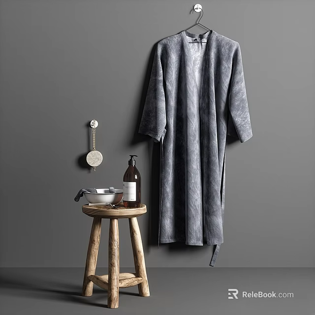 Gray Bathrobe Hanging On Wall With Daily Washing Supplies On Wooden Stool 3d model 