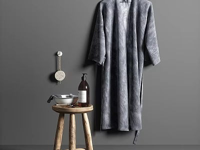 Gray Bathrobe Hanging On Wall With Daily Washing Supplies On Wooden Stool 3d model